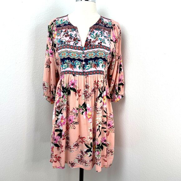 Umgee Pink Floral Dress Small Baby Doll Fairy Whimsy Goth Boho Peasant Milkmaid - Picture 1 of 13